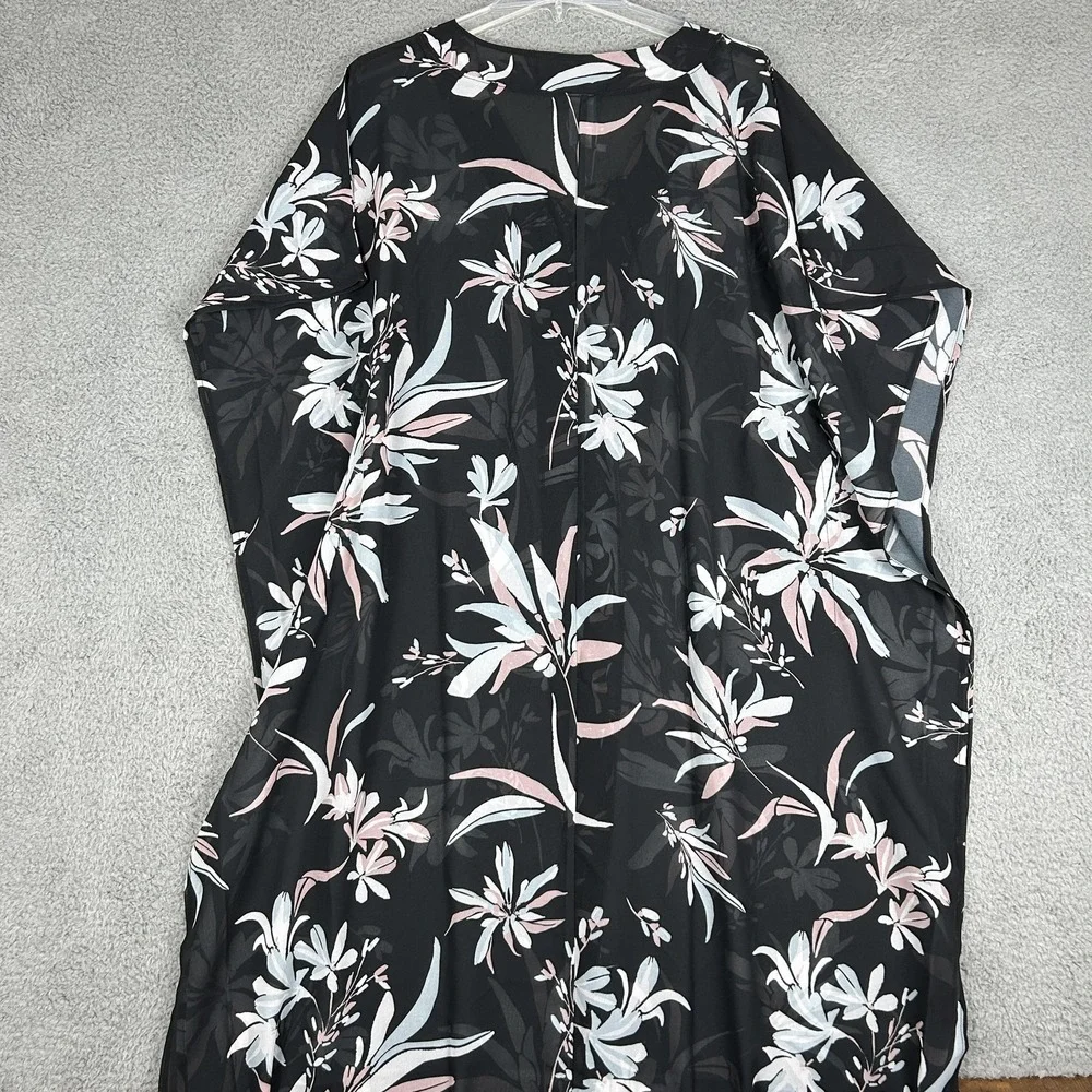 Coastal Blue Kaftan Swim Cover Up Womens Large Black Floral Sheer Tassel Cruise‎